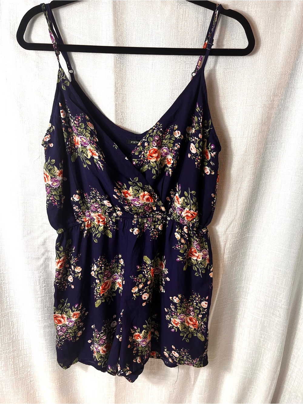 Poetry Royal Blue Floral Romper  with Pink and Green Accents Size Medium